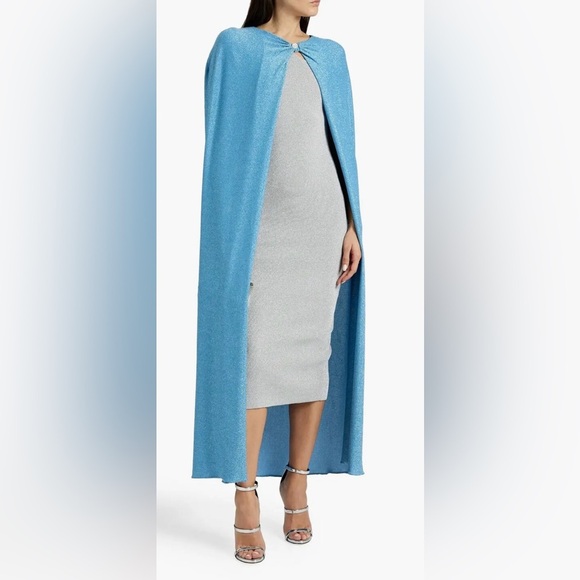 NEW Monique Lhuillier Metallic Stretch-Knit Cape Sz S Crystal Button Azure Blue - Picture 1 of 9